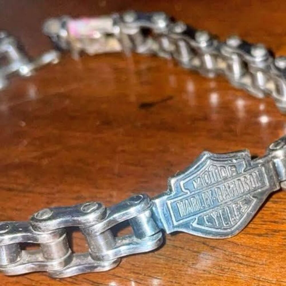 Sterling Silver Double Shield Bracelet Harley-Davidson Motorcycle Chain 9” Brace